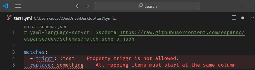VSCode 中编辑 Espanso 配置的 YAML schema 提示